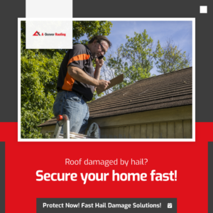 Roofing professional inspecting hail-damaged roof while on a phone call, with text reading 'Roof damaged by hail? Secure your home fast!' and 'Protect Now! Fast Hail Damage Solutions!' alongside A-Denver Roofing logo.