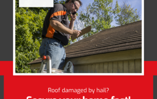 Roofing professional inspecting hail-damaged roof while on a phone call, with text reading 'Roof damaged by hail? Secure your home fast!' and 'Protect Now! Fast Hail Damage Solutions!' alongside A-Denver Roofing logo.