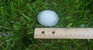 Large hailstone next to a ruler on green grass, showing a size of approximately 3 inches in diameter, illustrating the potential for severe damage to roofs and property